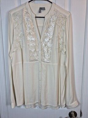 Anu by Natural Cream Rayon Blouse M Sequin Embroidered Boho Whimsigoth Tunic
